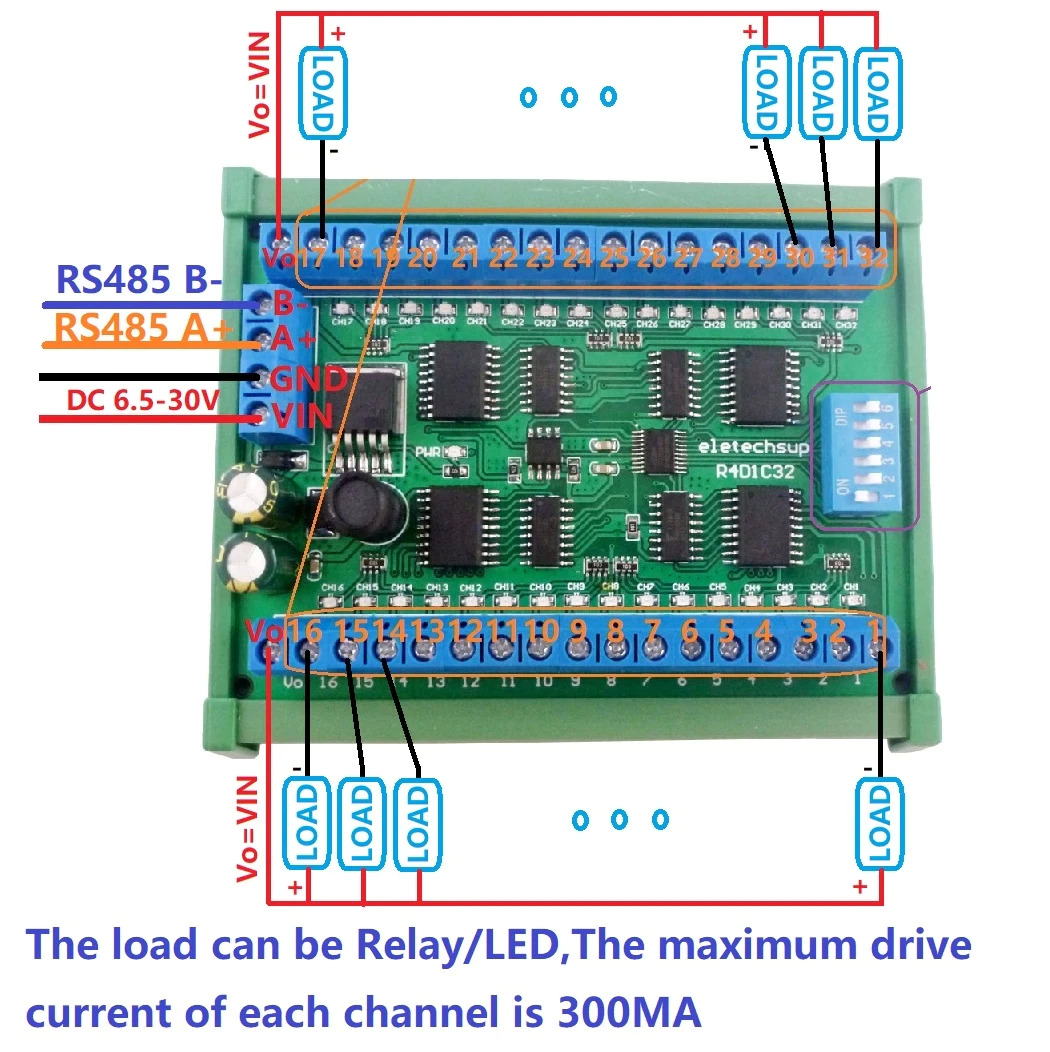 Modbus-RTU-32Ch-Do 32 kanal Digital Output Modbus RTU Modül