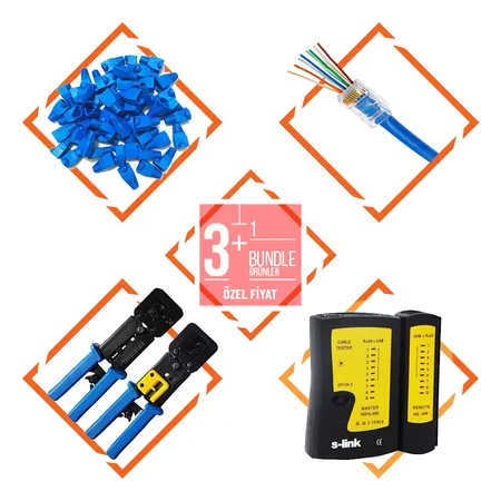 BUNDLE Yeni Nesil RJ45 Konnektör + Kılıf + Yeni Nesil Pense + Test Cihazı