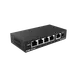 Siyah renkli, üzerinde beş adet ethernet portu ve bir güç girişi bulunan küçük ağ anahtarı cihazı